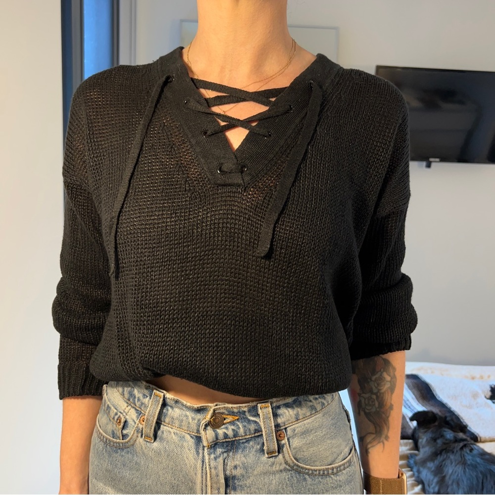 JCrew 100% Linen lightweight, lace up neck, long sleeve, loose fitting sweater
